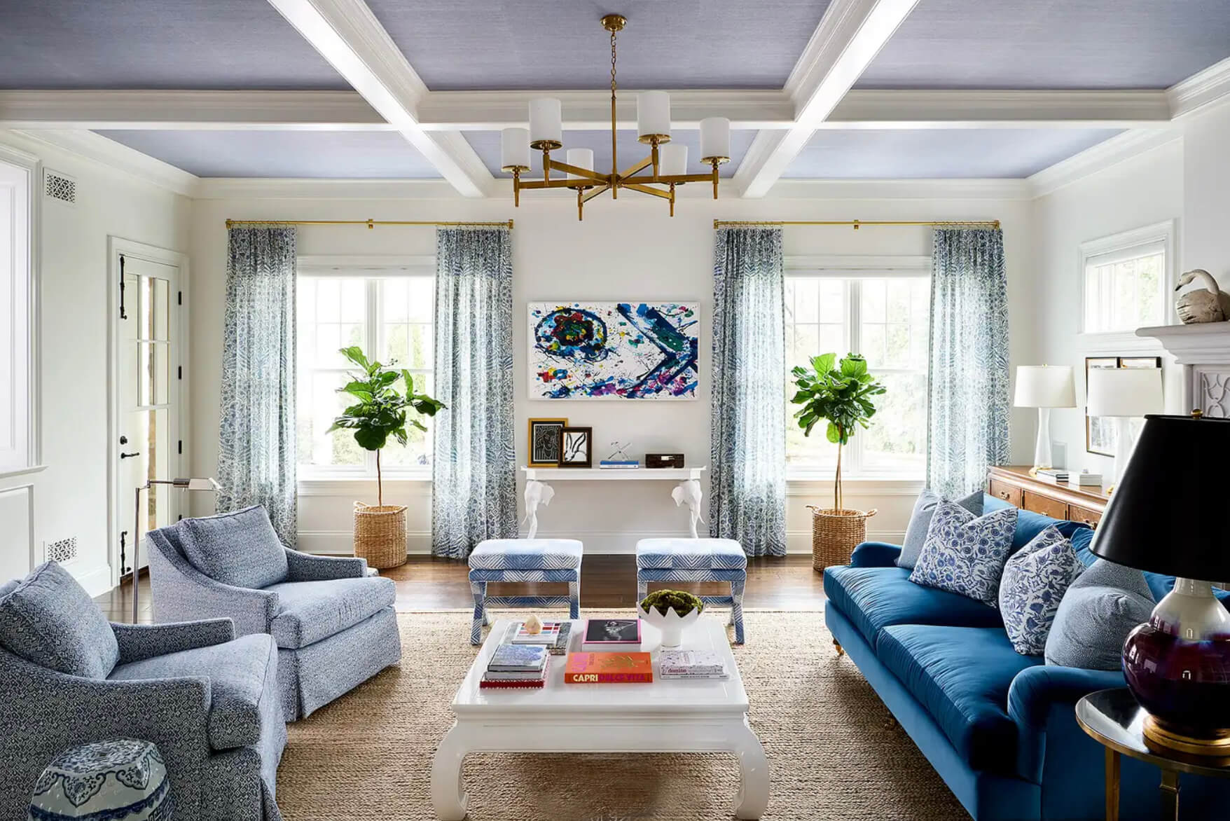Living area featuring classic blue and white interior elements