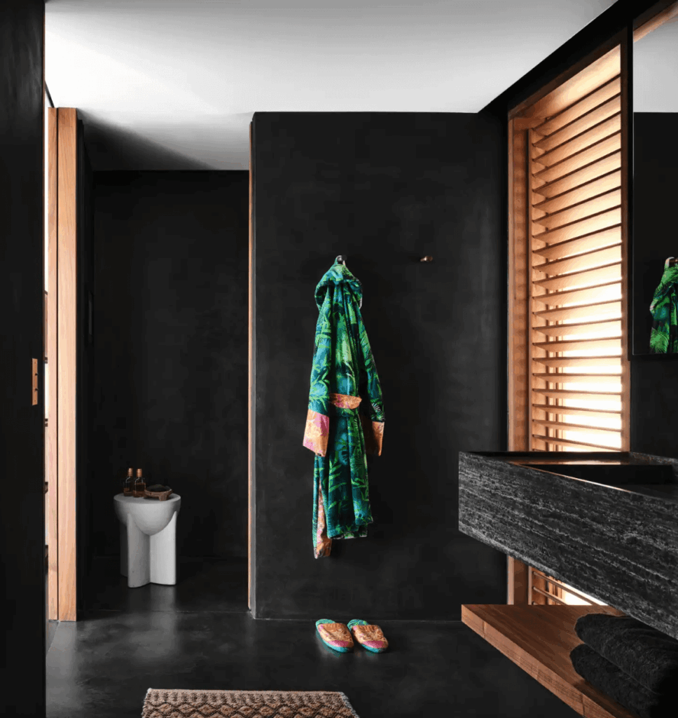 Modern bathroom interior with black walls and wood accents