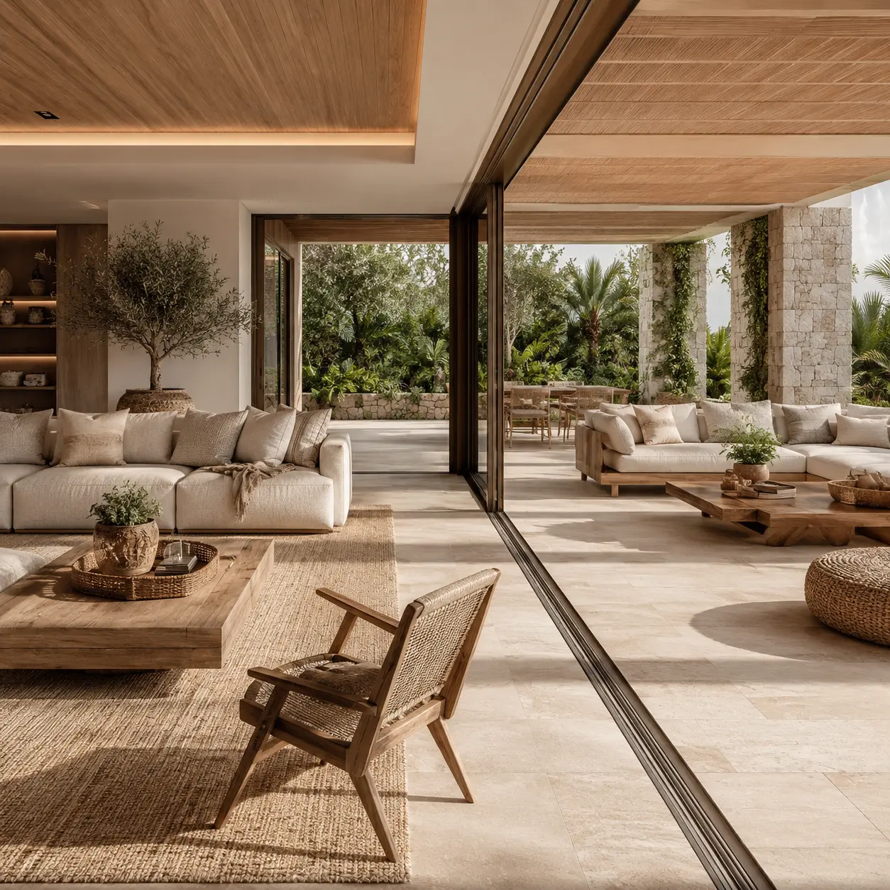Indoor-outdoor sanctuary with neutral furnishings and lush tropical landscaping