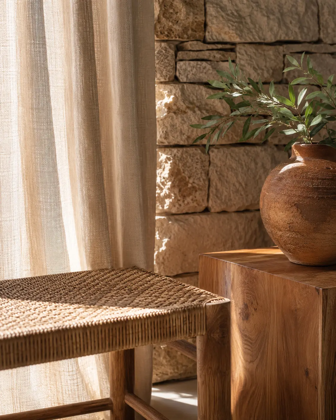 Rustic sanctuary corner with linen curtains, woven seating, and stone