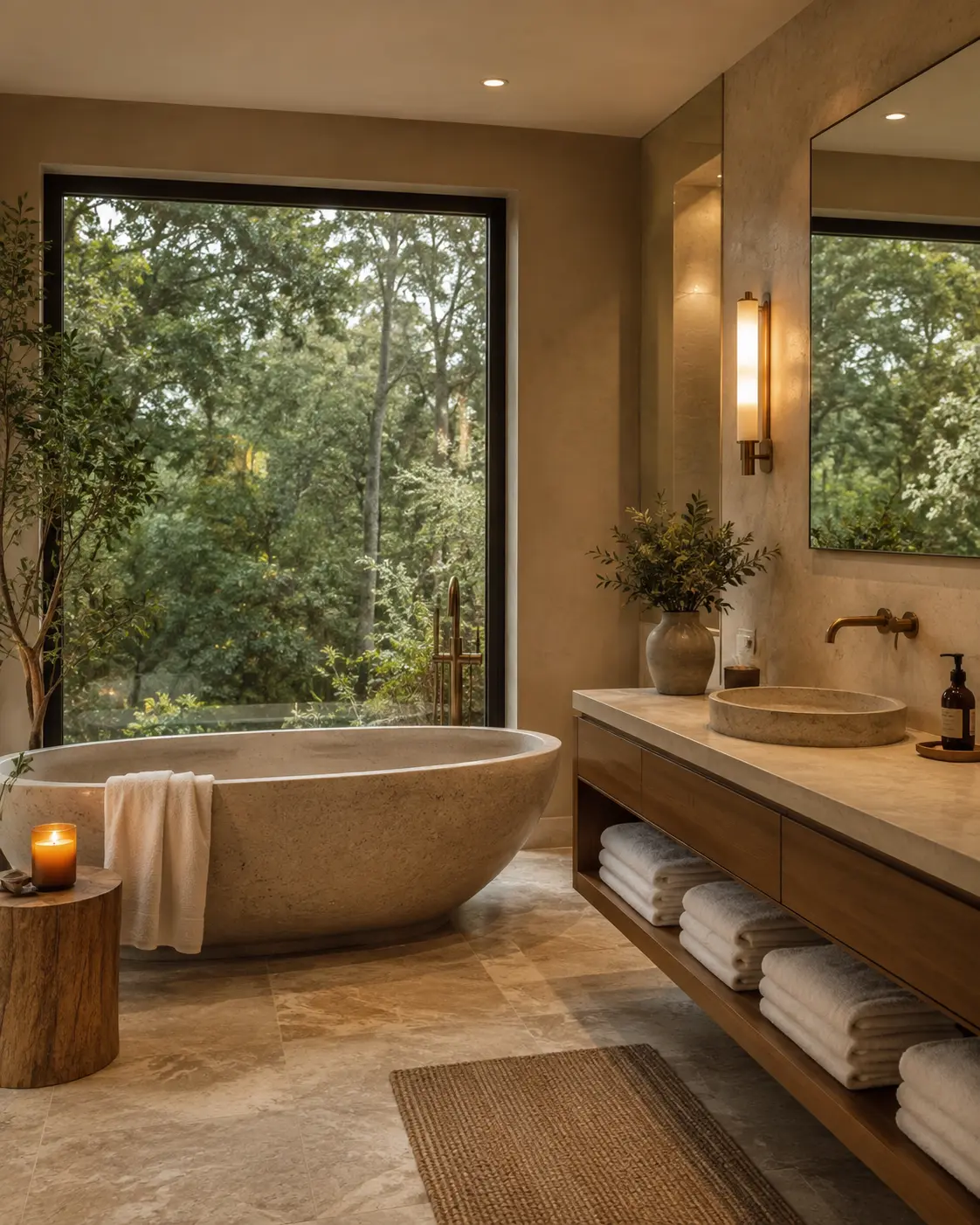 Spa-inspired bathroom with natural stone and serene woodland views