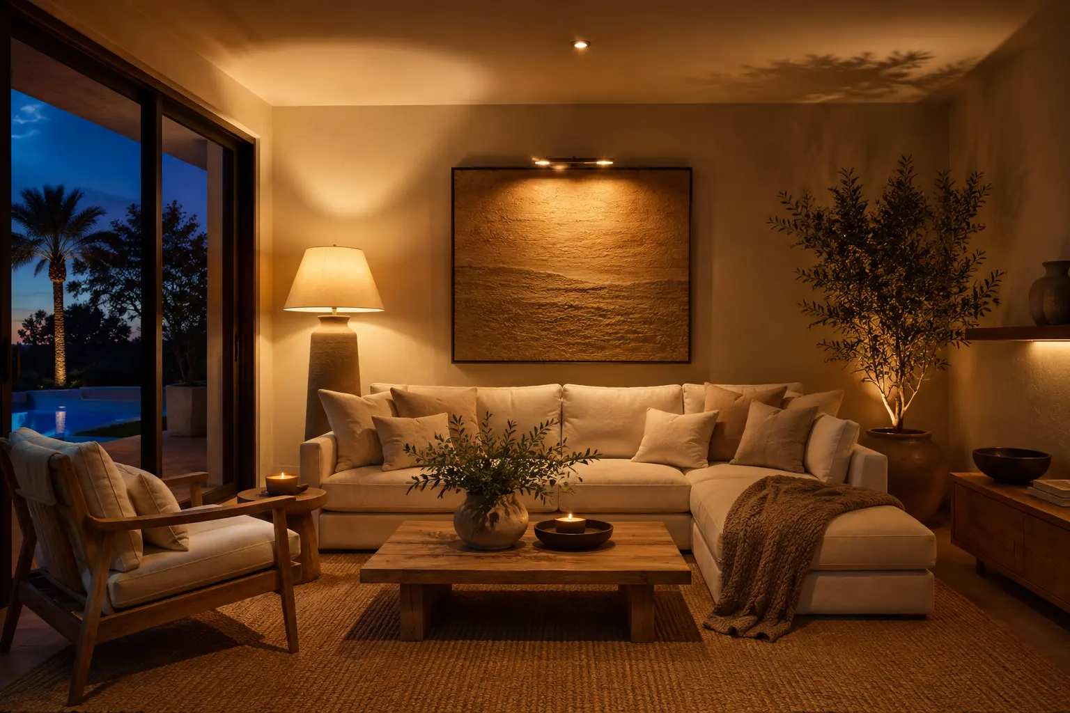 Warm sanctuary living room with natural textures and ambient lighting