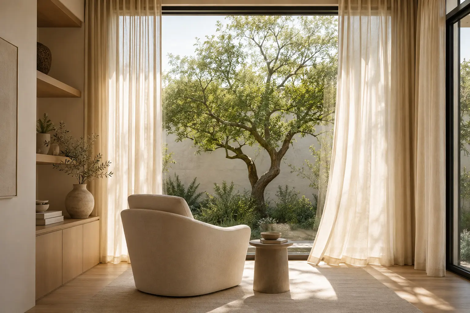 Serene armchair beside sunlit garden window