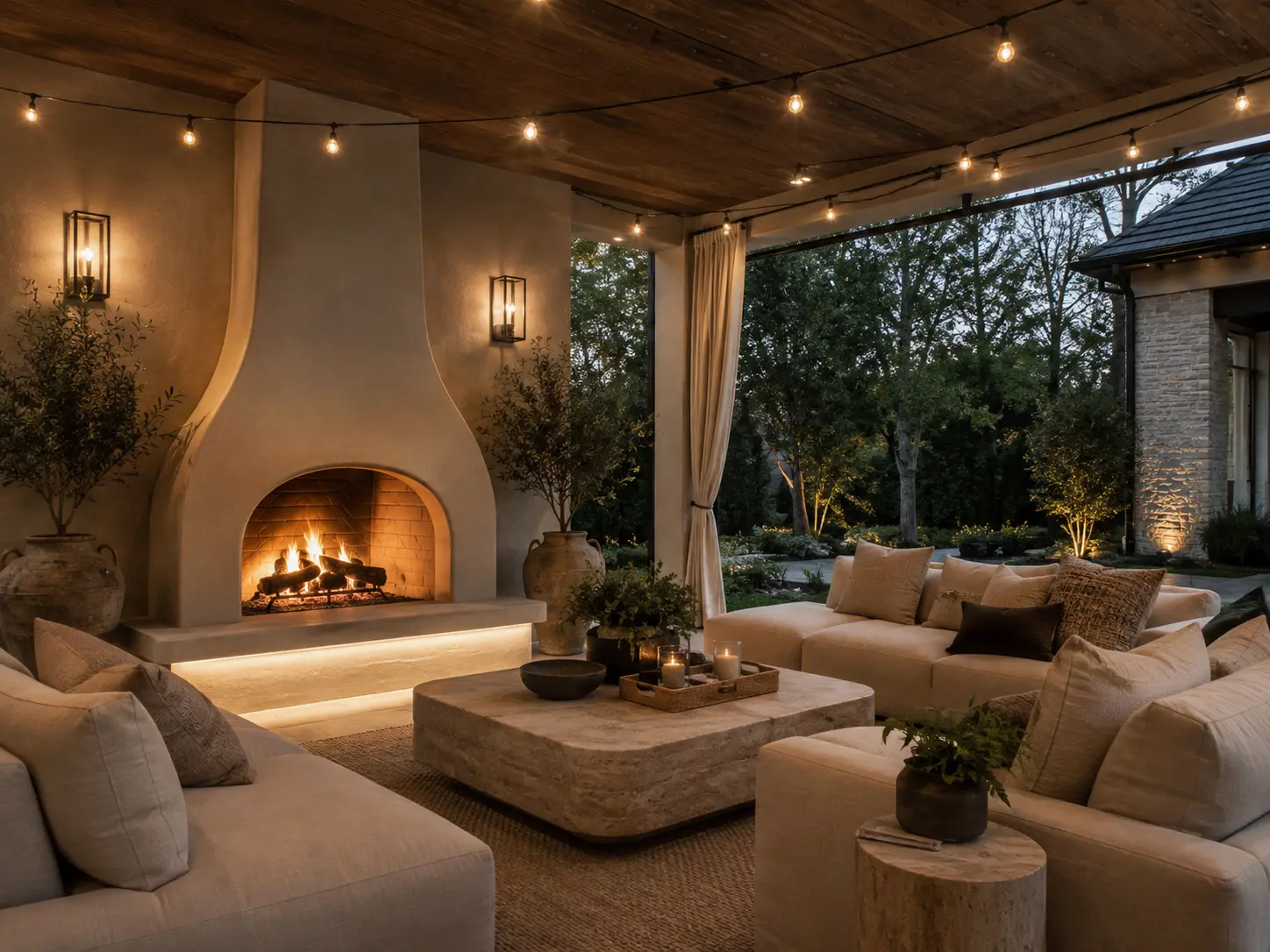 Cozy outdoor living room with fireplace